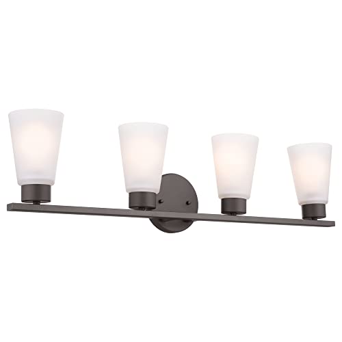Image of Kichler Stamos 4-Light Bathroom Vanity Light with Satch Etched Glass Shades, 26 inch Modern Wall Light in Olde Bronze, (26 inch x 8 inch x 5 inch)