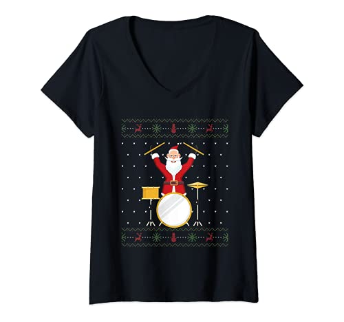 Mujer Vintage Style Drum Lovers Hombres Mujeres Drumset Navidad Camiseta Cuello V