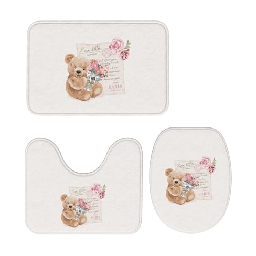 トイレマット くま 熊柄 花柄 かわいい 可愛い アニマ 3点セット 足元マット 便座カバー マットフタカバー U型 O型 トイレ兼用 滑り止め おしゃれ バスマット 洗える 浴室 玄関 家庭用 ホテル用