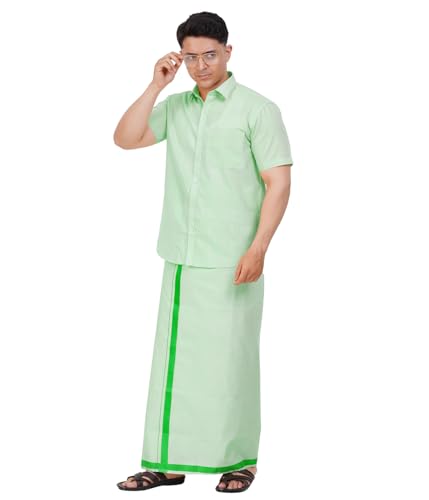 Image of Men's Traditional Indian Shirt and Dhoti Set, Half Sleeves Tissue Silk Cotton Shirt With Dhoti 2 metres for men