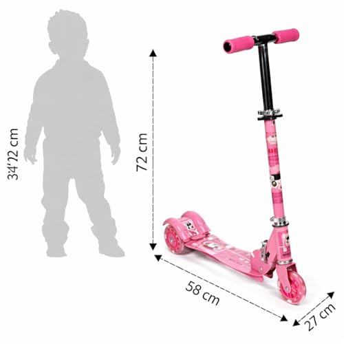 Image of Foldable Kick Skating Cycle LED Wheels | Kids 3 Wheel Kick Scooter with Adjustable Handlebar & Hight, Front Brake, Bell and Printed Deck | Skate Scooter for Kids Age 2-12 Years. (Pink)