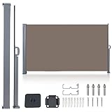 Herrselsam Seitenmarkise, 180x300cm Seitenwandmarkise ausziehbar Blickdicht Windschutz Sonnenschutz, Seitenrollo Markise mit Bodenhalterung einziehbarer und Zubehörpaket, Braun