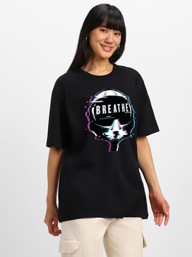 Image of JUNEBERRY Pure Cotton Round Neck Half Sleeve Oversized Baggy Fit Drop Shoulder Front Printed T-Shirt for Women