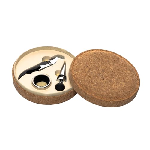 LYOR - Conjunto 3 Peças para Vinho com Estojo Redondo Aço Inox -1 Saca Rolhas 1 Tampa 1 Anel
