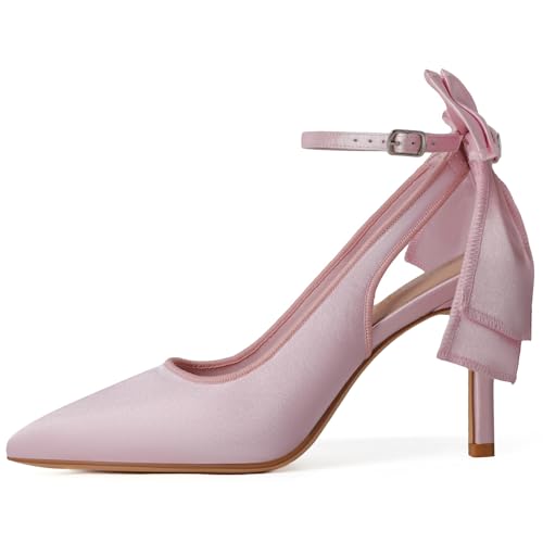RIBONGZ Heels for Womens Bow Pink Heels with Strappy Wedding Satin Shoes for Bride Closed Pointed Toe Stiletto Slingback Pumps Sexy Ankle Strap Prom Dressy Party Bridesmaid Shoes 7