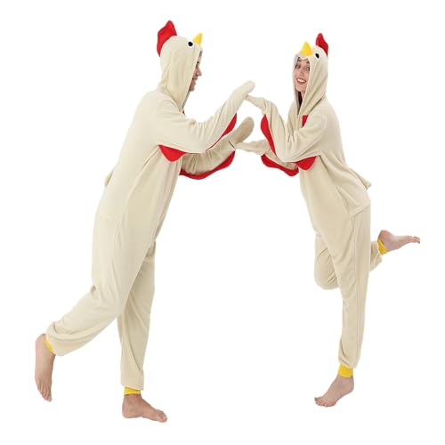 GOGOBOND Adult Onesie Pajamas Unisex Adult Chicken Halloween Costumes Cosplay Fleece Animal Jumpsuit Sleepwear for Women Men (White Medium