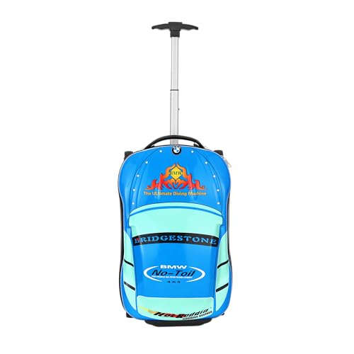 Image of Kids Ride On Trolley Bag for Boys & Girls | Hard Shell Cabin Luggage with 4 Wheels & Telescopic Handle | Lightweight Travel Suitcase for School Trips, Vacations & Holidays | Cartoon Design (Blue)