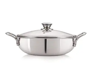 NIRLON Triply Stainless Steel Deep Kadai with Glass Lid | 22cm | Silver (Induction and Gas Stove Friendly)