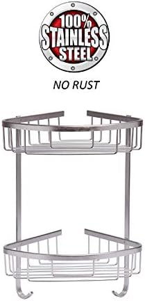 Optimal Products RUST FREE STAINLESS STEEL SHOWER CADDY RACK BATHROOM ORGANIZER CORNER SHELF & HOOKS (2-TIER STAINLESS STEEL CADDY)