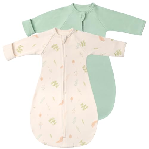 Image of 2 Pack Transitional Baby Swaddling Sacks with Arms Up Length Sleeves & Mitten Cuffs, Sleeping Sack Bag 2 Ways Zipper, Wearable Swaddle Blanket for Newborns Baby Snug Fit Calms Startle Reflex
