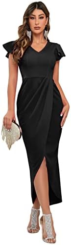 Women V Neck Ruffle Sleeve Dress Bodycon Sheath Wrap Ruched Casual Cocktail Party Fromal Evening Long Dresses Black L