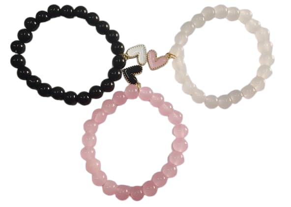 Trio-Bracelet Set with Glass Beads and Charms For Women, Pack of 3, white, black & pink heart (B0D5RPCPCK) Amazon Price History, Amazon Price Tracker