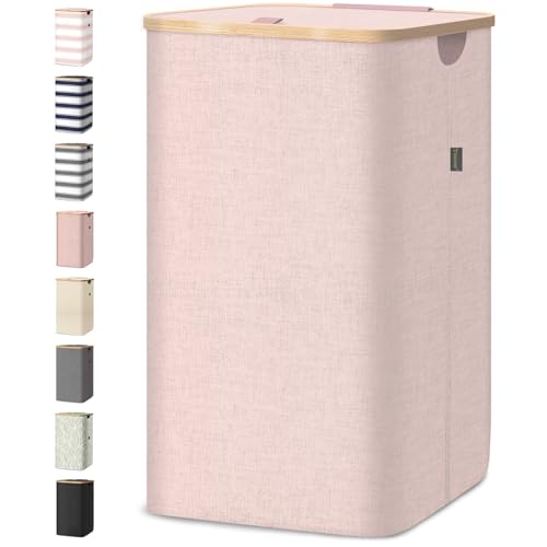 BALEINE Laundry Hamper with Lid, Tall Laundry Baskets with Bamboo Pull Handles, Large Laundry Bin with Internal Support (26 Gal/100L, Pink) 100 liters Pink