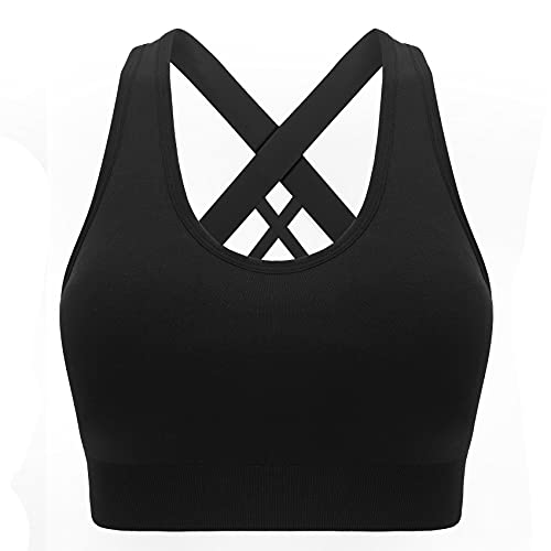 Sports Bras for Women Padded High Impact Seamless Criss Cross Back Workout Tops Gym Activewear Bra (Black 1, Large)