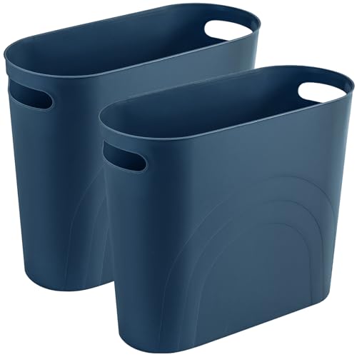 Image of rejomiik Small Trash Can, Slim Garbage Can Plastic Waste Basket with Handles 3.5 Gallon Container Bin for Narrow Spaces Bathroom, Bedroom, Kitchen, Office at Home, 2 Pack Teal Blue
