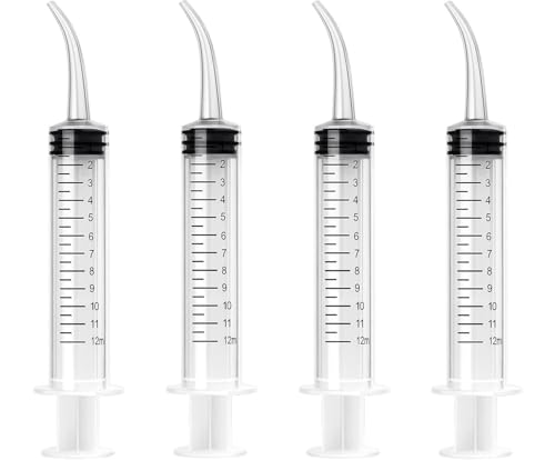 4 jeringas dentales Jeringa dental de 12 ml de plástico transparente con punta curva y taza medidora para cuidado bucal y limpieza