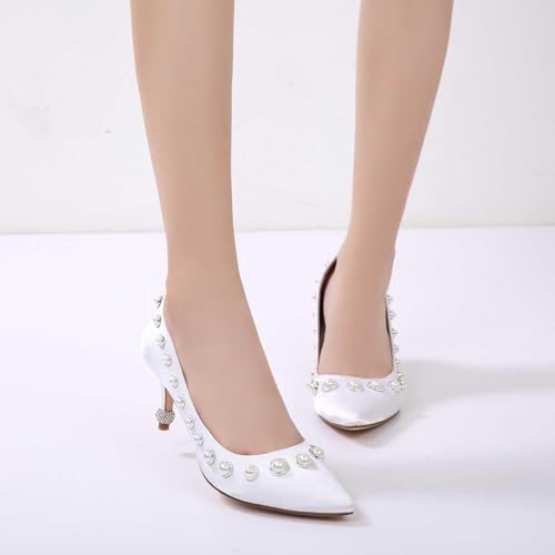 Womens Wedding Shoes Women's Comfortable Kitten Heel Pumps with Satin, Pearls, Pointed Toe, and Slip-On - Ideal for Wedding, Dress, Office, and Work Shoes(White,8.5)4