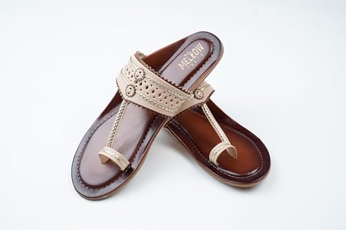 Image of Women's Kolhapuri Sandals - Handcrafted Leather Flats Chappals with Toe Ring, Comfortable Slip-On Ethnic Footwear with Embroidery & TPR Leather Sole