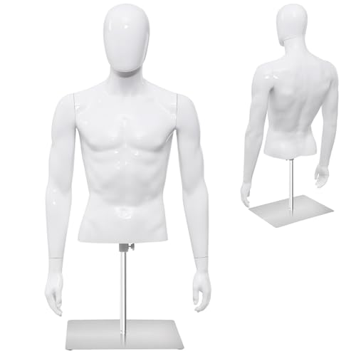 Goplus Male Mannequin Torso, PP Men Dress Form w/ Metal Stand, Adjustable Height, Flexible Components, Lightweight Male Mannequin Body for Tailor Shop, Shop Window, Home, White