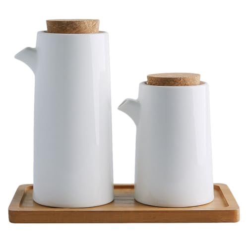 Luxshiny Ceramic Seasoning Bottle Set with Oil can Vinegar Dispenser and Spice Kettles on Wooden Tray for Kitchen Cooking and Table Use