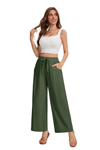 Image of KICZOY Women Flowy Pants Drawstring Waist Wide Leg Palazzo Beach Pants Loose Fit with Pockets