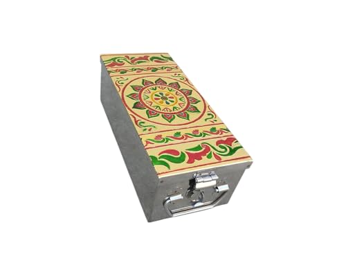 Image of Stainless Steel Storage Box, Cash Box, Pooja Peti, Organizer, Vanity Storage Box, Jewellery Safe Bank Locker, Cash Box With Handicrafts Digital Meena Kari Design (Red, 10.2 Inch)