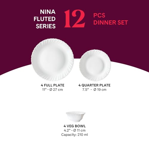 Image of Larah by Borosil Nina Fluted Series Opalware Dinner Set | 12 Pieces for Family of 4 | Microwave & Dishwasher Safe | Bone-Ash Free | Crockery Set for Dining & Gifting | Plates & Bowls | White