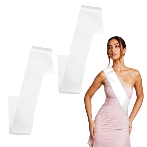 Ajcotahm 2Pcs Blank White Sash, Plain Satin Sash Decorative Pageants Sashes for Graduation Wedding Bridal Shower Birthday Party DIY Supplies