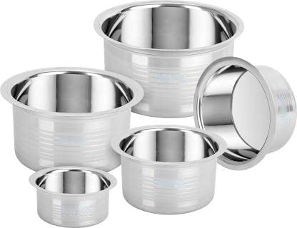 Stodeal Stainless Steel tope Set Without lid Container Set/Tope Set/tapeli/patila/Milk Pot /Handi Set Cookware Set(Pack of 5 Silver Color)