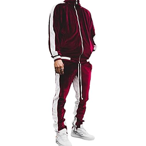 Darabun Mens Velvet Tracksuit Set - Contrast Color Sportswaer Jogging Bottoms with Zipper Jacket Tracksuit Suits Sets Sportswear for Gym Training Red, L Cover