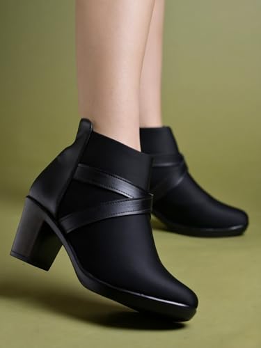 Image of Shoetopia Women's Ankle Boots with Block Heel and Cross Strap Design - Stylish Comfortable Casual & Party Footwear