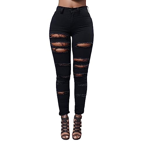 Jeans Hose Damen Mit Löcher Eng Jeans Hosen Frauen Modern Jeanshose Damen Schwarz Skinny Löcher Schwarze Hoch taillierte Schmal sitzende Jeans-Bleistifthose Skinny Jeans