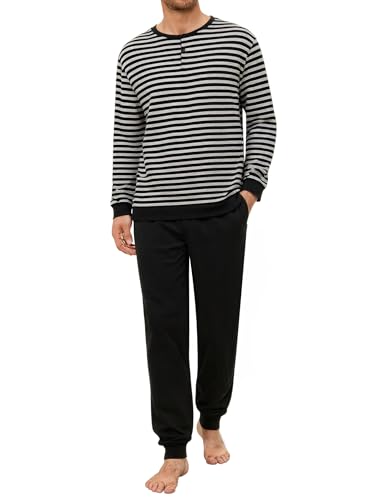 Crewhpo Pyjama Homme Hiver Rayures Ensemble Pyjamas à Manches Longues avec Boutons Pièces Pyjama Long Col Rond Vêtements de Nuit Doux Vêtements de Détente Noir S