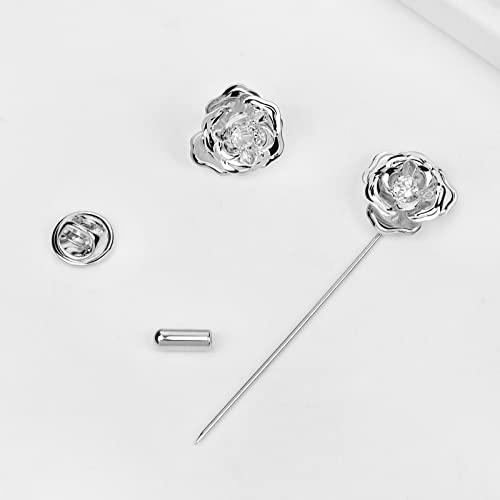 Image of Crystal Alloy Rose Flower Lapel Pins Button Pin Groom Boutonniere for Wedding Floral Brooch Pin Set for Women Men