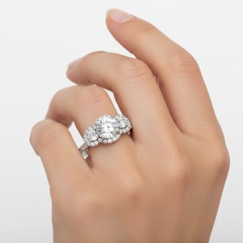 Image of 55Carat Choose Your Gemstone Delicate 3 Stone Halo Diamond CZ Ring Sterling Silver Round Shape Halo Engagement Rings Everyday Jewelry Wedding Jewelry Handmade Gifts for Wife US Size 4 to 12