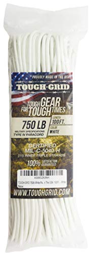 TOUGH-GRID 750lb White Paracord/Parachute Cord - Genuine Mil Spec Type IV 750lb Paracord Used by The US Military (MIl-C-5040-H) - 100% Nylon - 100Ft. - White