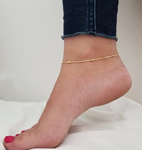 Image of NONAMOIS Ankle Bracelets for Women Dainty 18K Gold Plated Anklet Waterproof Round Beaded Paperclip Herringbone Pearl Chain Anklets Waterproof Beach Foot Jewelry