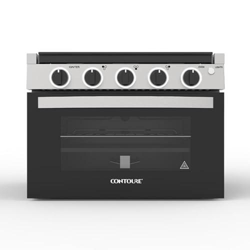CONTOURE RV 3-Burner Drop-In Gas Range 17 Propane-Powered RV Stove with Oven Black with Stainless Steel Accents LED Knobs Easy-Clean Oven CSA Certified GR-17BTC