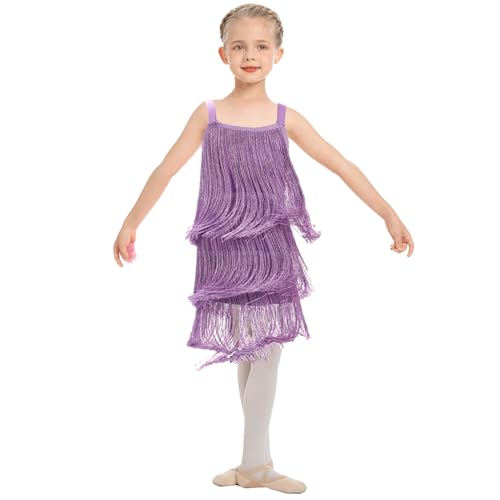 AFAVOM Toddler Girls Latin Dance Tassel Dress Sleeveless Fringe Cami Salsa Dress Dancewear 1920s Flapper Ballroom Dress Cha Cha Rumba Dancing Dress Kids Tango Samba Swing Dress Purple 4-5 Years