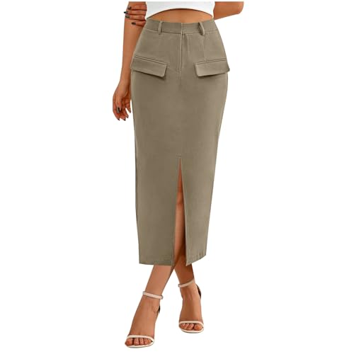 Women Cotton Cargo Midi Skirt Front Slit Fake Pockets Zip Up Unique Pencil Skirt Dressy Casual Business Tight Skirts