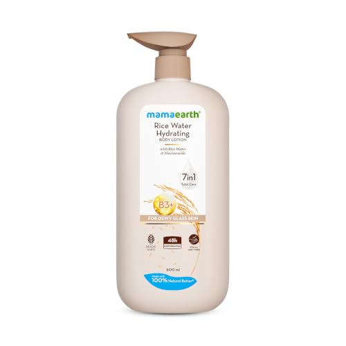 Image of Mamaearth Rice Water Hydrating Body Lotion with Rice Water & Niacinamide for Dewy Glass Skin 600ml | 48H Moisturization | Nourishes Skin | 7in1 Total Care | 100% Natural Butter | Non Greasy Smooth