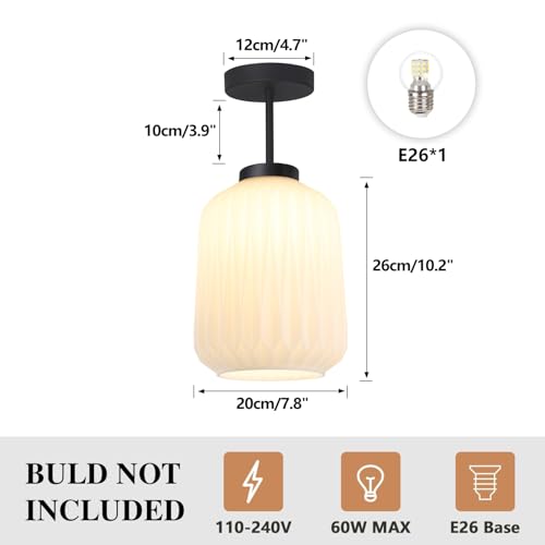 Image of Mid Century Semi Flush Mount Ceiling Lamp - Retro Striation Glass - Vintage Black Close to Ceiling Light for Hallway Passway
