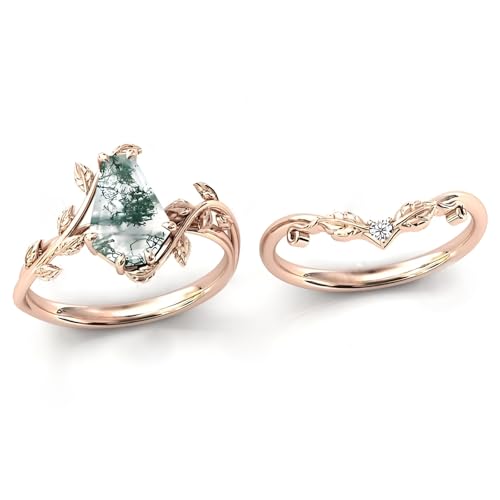 Natural Moss Agate Engagement Ring Sets for Women Solid Gold 10K/14K/18K Marquise/Hexagon/Kite/Coffin Cut Moss Agate Wedding Rings Jewelry Gifts for Her3