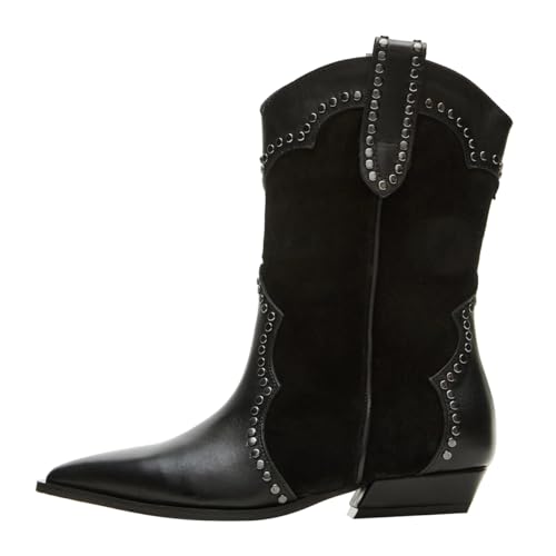 FOWT Women Pointed Toe Mid Calf Boots Pull on Rivet Studded Chelsea Chunky Low Heel Casual Fashion Shoes Size 4-16 US2