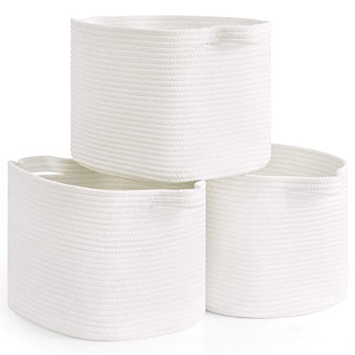 Image of CHICVITA White Rope Storage Basket Set of 3, Woven Shelf Baskets for Books, Toys, Towels, Rectangle Decorative Basket for Living Room, Bedroom, Nursery, Baby Gift Basket, 13.5 x 11 x 9.5 Inches