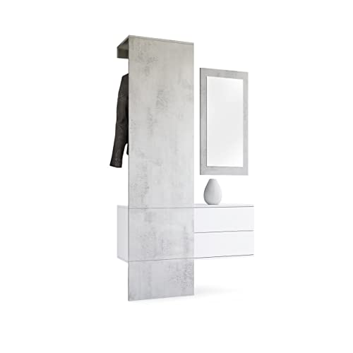 Vladon Garderobe Carlton Set 2, Made in Germany, Garderobenset bestehend aus 1 Garderobenpaneel, 1 Schubkastenschrank und 1 Wandspiegel, Weiß matt/Beton Oxid-Optik (105 x 193 x 35 cm)