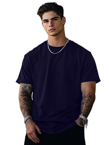 Image of Oversized Baggy Fit Drop Shoulder Half Sleeves Round Neck Solid Pure 100% Cotton T-Shirt for Men (Available in White, Black,Navy Color)