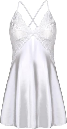 XCUTE Women Lingerie V Neck Nightwear Satin Sleepwear Lace Chemise Mini Teddy (White, Small)-image-38