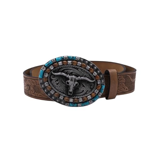 AIBEARTY Western Cowboy Cowgirl Leather Belt Retro Longhorn Bull Buckles Turquoise Embossed Waist Belts for Jeans Pants2