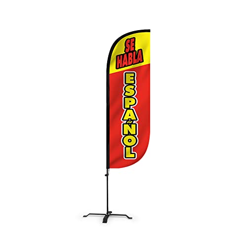 Image of LookOurWay Feather Flag Set - 5ft Tall Advertising Banner Flag with Pole Kit and X-Stand for Business Promotion - Se Habla Espanol